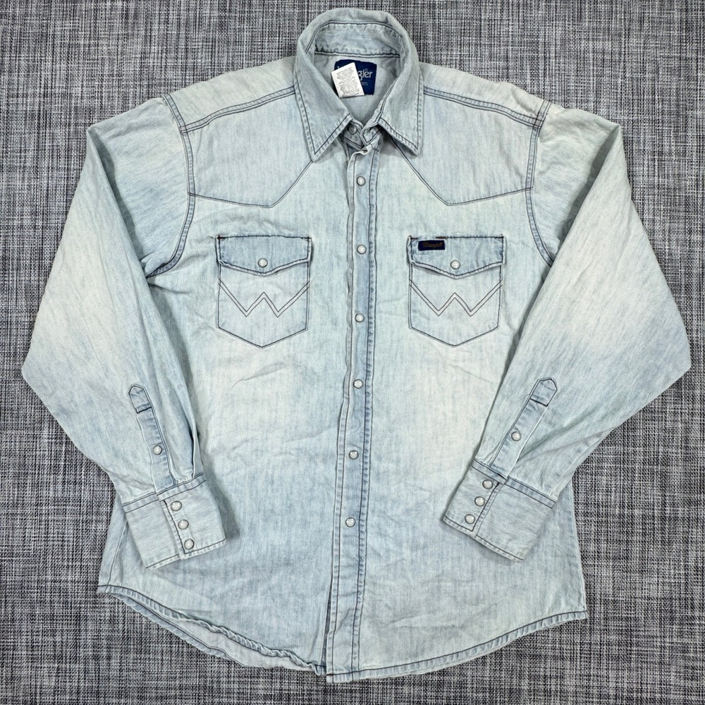 Wrangler Mens Large Western Pearl Snap Denim Shirt Cotton Long Sleeve Cowboy